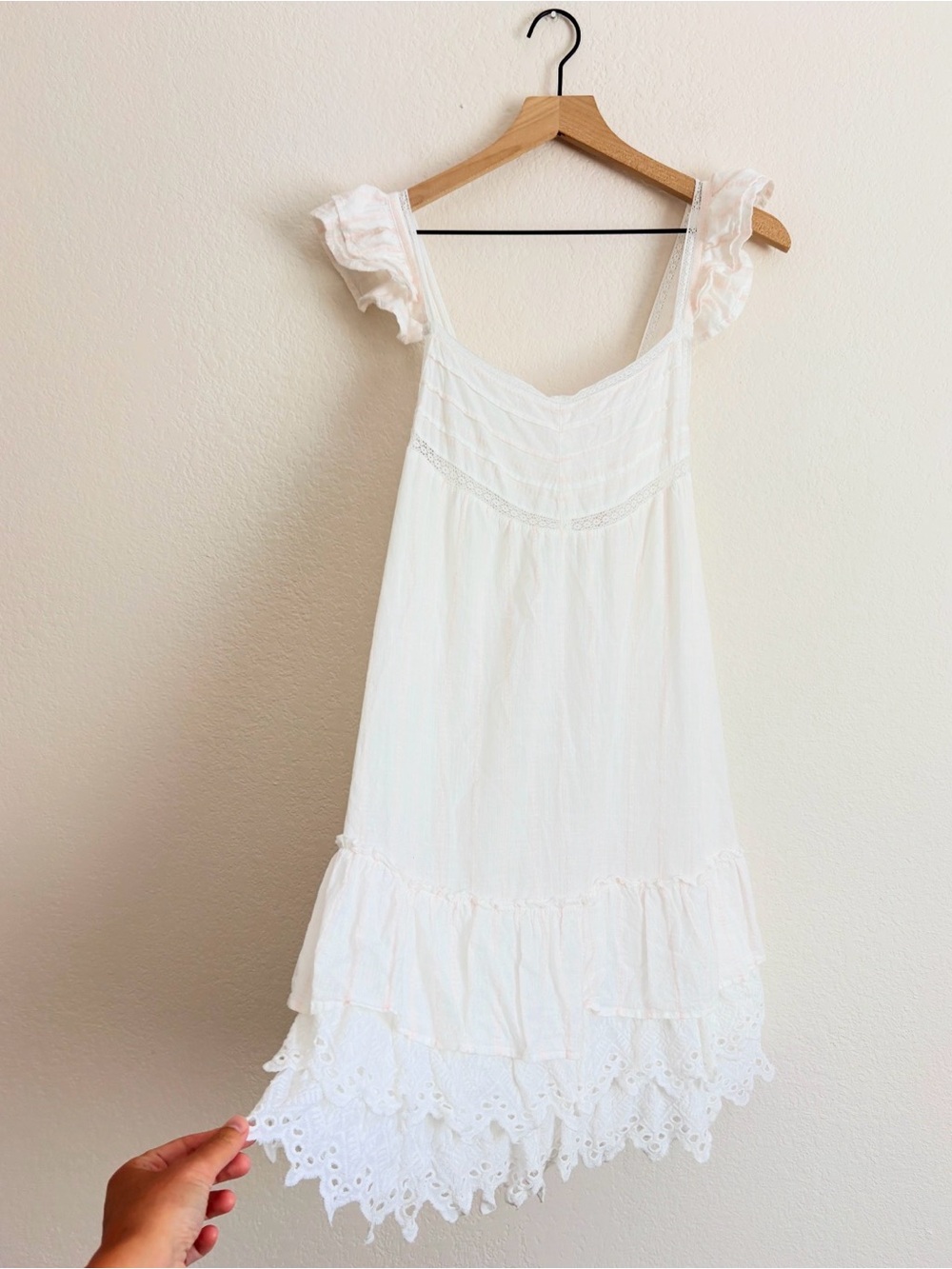 Shabby Chic Cottagecore White Romantic Ruffle Dress with Coral Detail